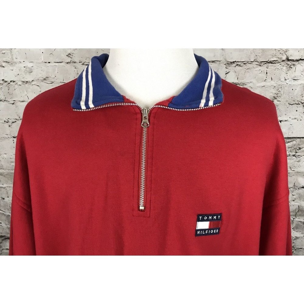 Tommy Hilfiger‎ Men's Vtg 90's Flag Spellout Colorblock Sweatshirt Patch Red XXL